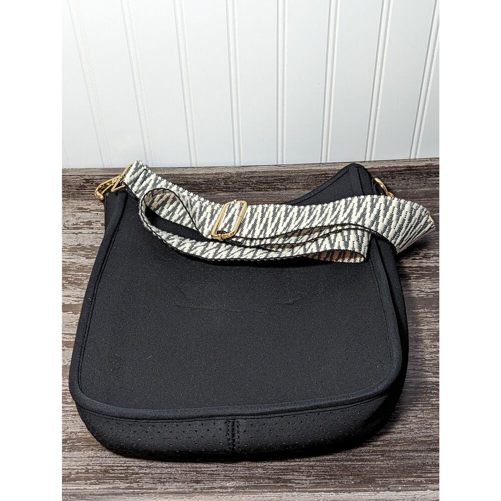 Ahdorned Unlined Black Perforated Neoprene Crossbody Bag Adjustable Strap